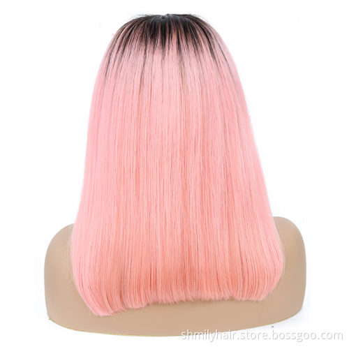 Shmily 1b-Pink Bob Silky Straight Unprocessed Virgin Human Hair Ombre Brazilian Cuticle Aligned Lace Frontal Human Hair Wig